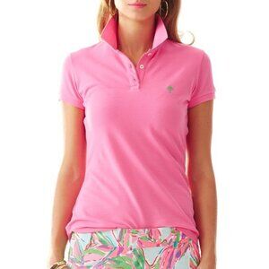 Lilly Pulitzer hot pink Island Polo top w/ green palm tree Transdry